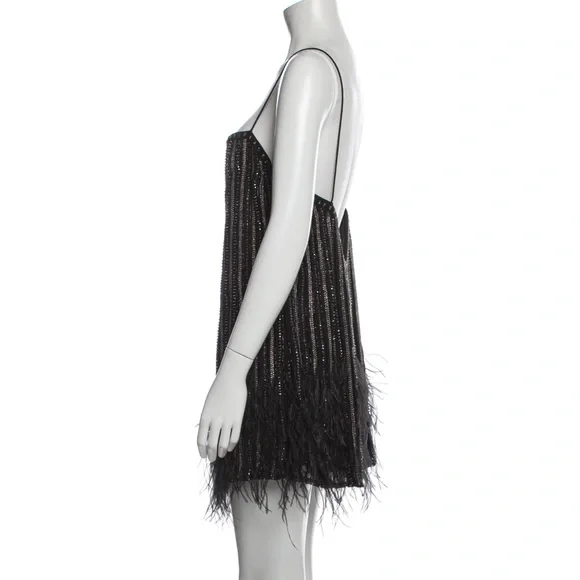 Retrofete Rubina Sequin Feather Mini Dress Black Square Neck - Picture 5 of 6